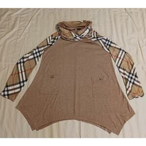 JCZHWQU Woman's XL Tan Plaid Long Sleeve Pockets Asymmetric Hem Cowl Neck Top